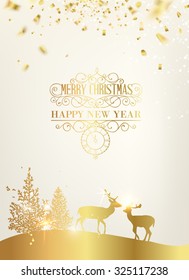 Deer silhouette over golden christmas card. Christmas invitation card with template text. Vector illustration.
