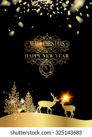 Deer silhouette over golden christmas card. Christmas invitation card with template text. Vector illustration.