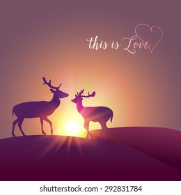 Deer silhouette over sunset background. Vector illustration.