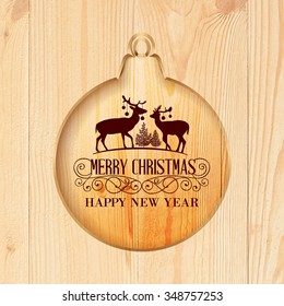 Deer silhouette over wooden christmas frame of fir toy. Vector illustration.