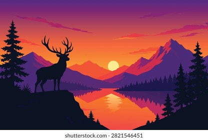 Deer Silhouette Overlooking Mountain Lake at Sunset. Vibrant Nature Landscape Vector Illustration