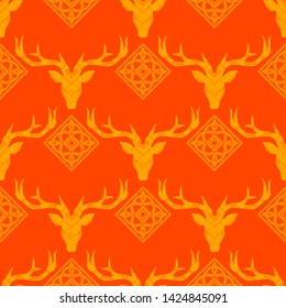 Deer silhouette with pattern. Orange. Celts. Vibrant colors. Seamless vector background. Graphic element for design. Can be used for wallpaper, textile, invitation card, wrapping, web page background.