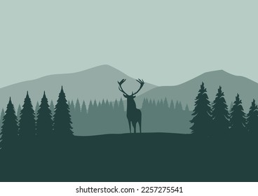 Deer silhouette in the pine forest. Vector illustration.