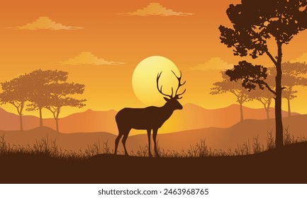 Deer Silhouette In Savannah Illustration Vector. Savannah Landscape Sunset.