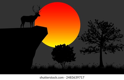 Deer Silhouette In Savannah Illustration Vector. Savannah Landscape Sunset.