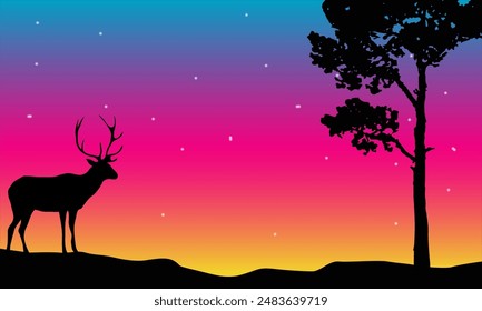 Deer Silhouette In Savannah Illustration Vector. Savannah Landscape Sunset.