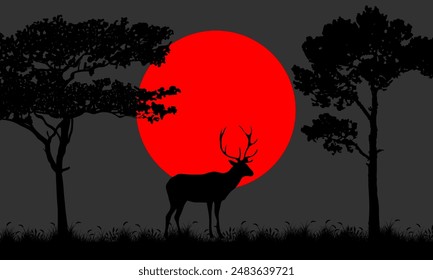 Deer Silhouette In Savannah Illustration Vector. Savannah Landscape Sunset.