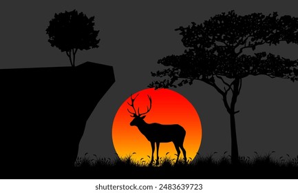 Deer Silhouette In Savannah Illustration Vector. Savannah Landscape Sunset.