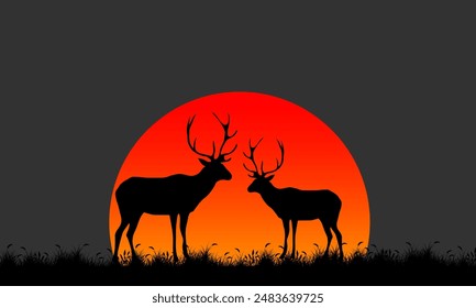 Deer Silhouette In Savannah Illustration Vector. Savannah Landscape Sunset.