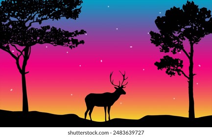 Deer Silhouette In Savannah Illustration Vector. Savannah Landscape Sunset.