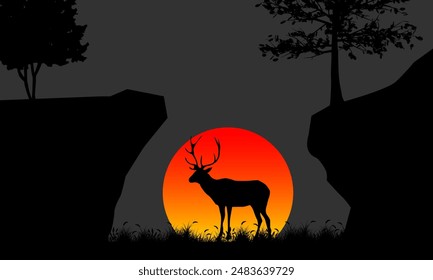 Deer Silhouette In Savannah Illustration Vector. Savannah Landscape Sunset.