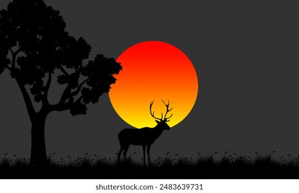 Deer Silhouette In Savannah Illustration Vector. Savannah Landscape Sunset.