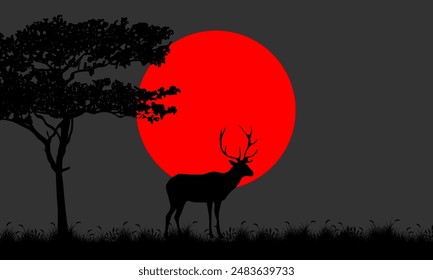 Deer Silhouette In Savannah Illustration Vector. Savannah Landscape Sunset.