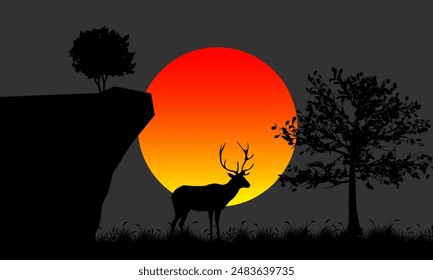 Deer Silhouette In Savannah Illustration Vector. Savannah Landscape Sunset.