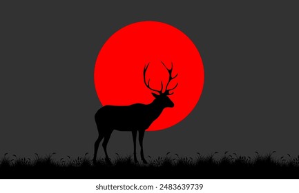 Deer Silhouette In Savannah Illustration Vector. Savannah Landscape Sunset.