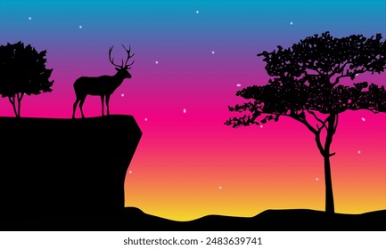 Deer Silhouette In Savannah Illustration Vector. Savannah Landscape Sunset.