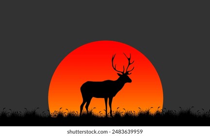 Deer Silhouette In Savannah Illustration Vector. Savannah Landscape Sunset.