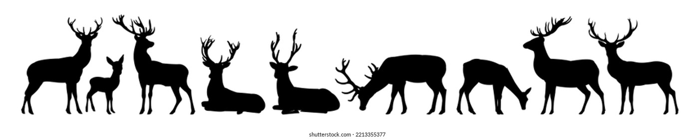 Deer silhouette set. Adult dress males and smocks with cubs. Wild animals. Isolated on white background. Vector.