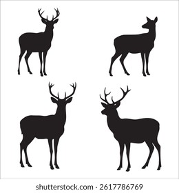 Deer silhouette set illustration, deer black vector art