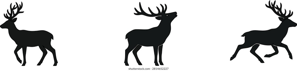 Deer Silhouette Set – Standing, Roaring and Running Stag Vector Illustration