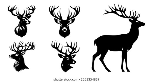 deer silhouette set, White and black silhouette vector Which is Graphics aliment . Cat head, Tiger head logo , Dear , Burger, black of dear silhouette isolated on white background, deer vector.