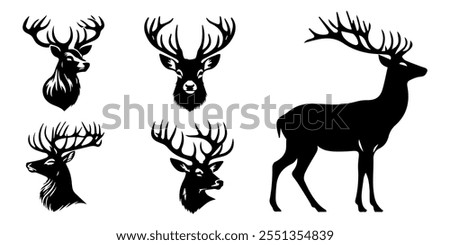 deer silhouette set, White and black silhouette vector Which is Graphics aliment . Cat head, Tiger head logo , Dear , Burger, black of dear silhouette isolated on white background, deer vector.