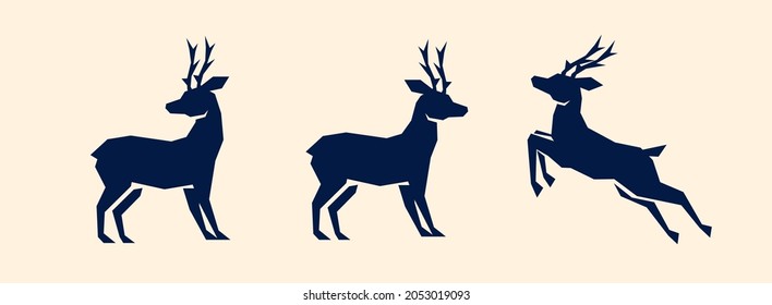 Deer silhouette with sharp corners. Set vector elements for greeting card or christmas celebration banner 