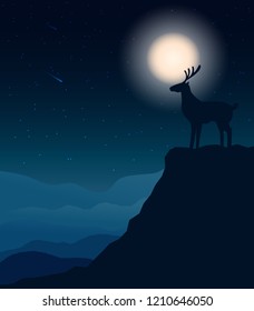 Deer silhouette standing on a cliff with moon. Vector illustration