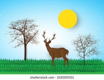 Deer silhouette standing on a hill. Animal silhouette, paper art