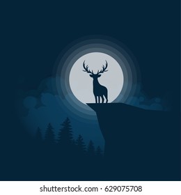 Deer Silhouette Standing On Hillnight Full Stock Vector (Royalty Free ...