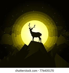 Deer silhouette standing on a hill.Night full moon on the background. Animal silhouette.