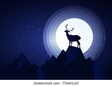 Deer silhouette standing on a hill.Night full moon on the background. Animal silhouette.