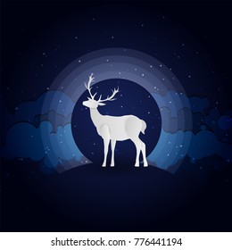 Deer silhouette standing on a hill.Night full moon on the background. Animal silhouette. paper art style.