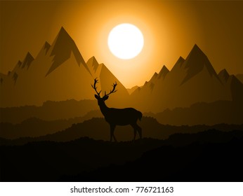 Deer silhouette standing on a hill.Night full moon on the background. Animal silhouette.