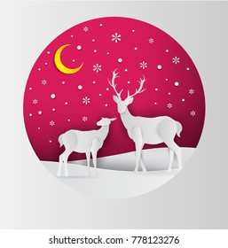 Deer silhouette standing on a hill.Night full moon on the background. Animal silhouette. paper art style. Happy New Year and Merry Christmas