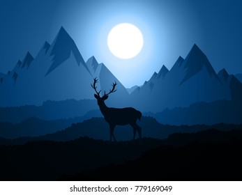 Deer silhouette standing on a hill.Night full moon on the background. Animal silhouette. paper art style. Happy New Year and Merry Christmas