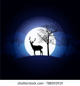 Deer silhouette standing on a hill.Night full moon on the background. Animal silhouette. paper art style. Happy New Year and Merry Christmas