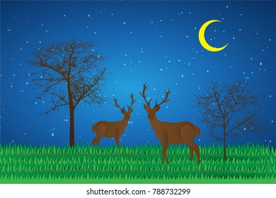 Deer silhouette standing on a hill.Night full moon on the background. Animal silhouette, paper art