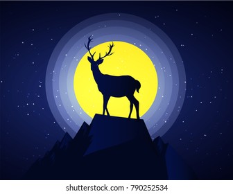 Deer silhouette standing on a hill.Night full moon on the background. Animal silhouette, paper art