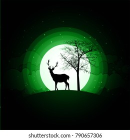 Deer silhouette standing on a hill.Night full moon on the background. Animal silhouette, paper art