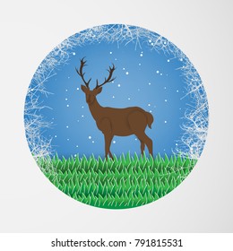 Deer silhouette standing on a hill.Night full moon on the background. Animal silhouette, paper art
