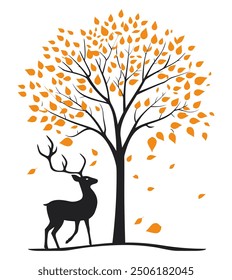 Deer Silhouette Standing Under a Tree with Yellow Leaves. Flat Vector Illustration