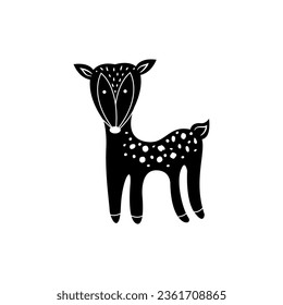 Deer silhouette. Stylized drawing reindeer in simple scandi style. Nursery scandinavian art. Black and white vector illustration. Modern boho decorative linocut. 