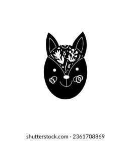Deer silhouette. Stylized drawing reindeer in simple scandi style. Nursery scandinavian art. Black and white vector illustration. Modern boho decorative linocut. 
