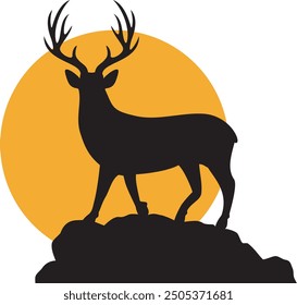 Deer Silhouette at Sunset Color. Vector Illustration.