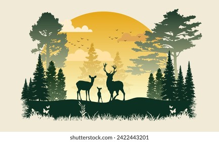 Deer Silhouette at Sunset in the Forest, abstract nature wallpaper, illustration of a background.