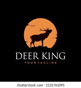 deer silhouette at sunset sun logo design illustration