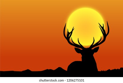deer silhouette at sunset. Vector Illustration.