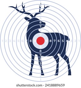 Deer silhouette with target circles over it. Bullseye on animal concept for precision or hunting. Goal setting and achievement vector illustration.