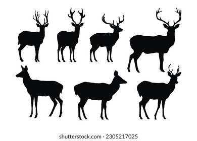 Deer silhouette vector collection on a white background. Beautiful male gazelle with big horns silhouette set design. Stag and reindeer standing, black and white silhouette vector bundle.